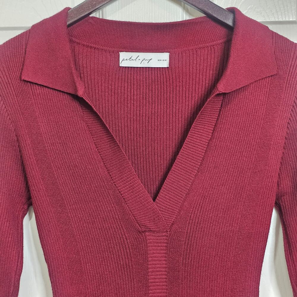 Petal & Pup Sweater Dress Size M Burgundy Ribbed Knit Maxi Collared Long Sleeve - Picture 6 of 6